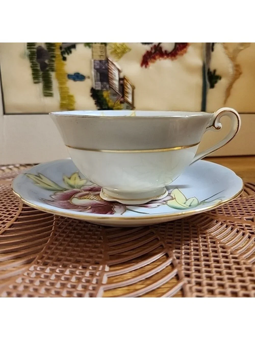 Hand Painted Gold Tea Cup & Saucer Set Vintage Bone China Blue Pink Porcelain